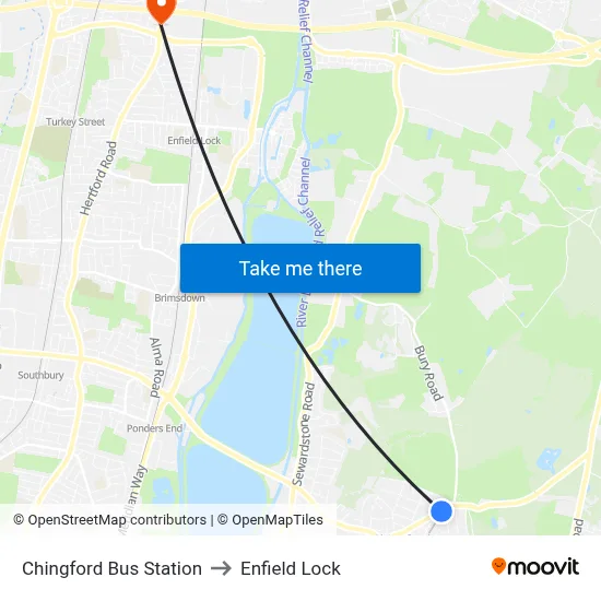 Chingford Bus Station to Enfield Lock map