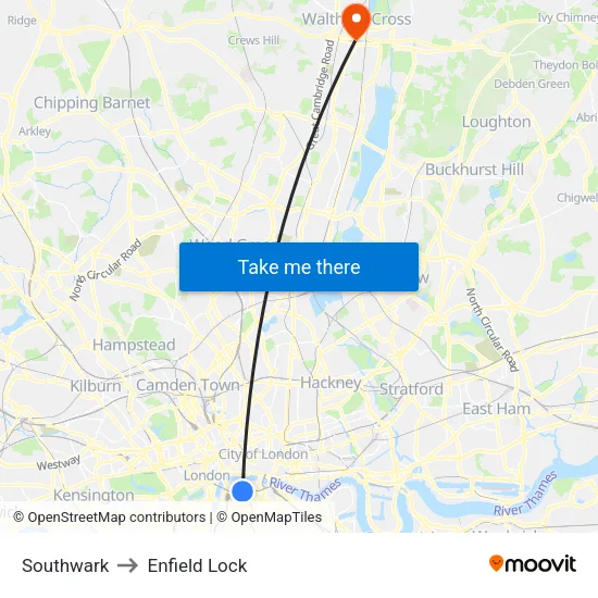 Southwark to Enfield Lock map