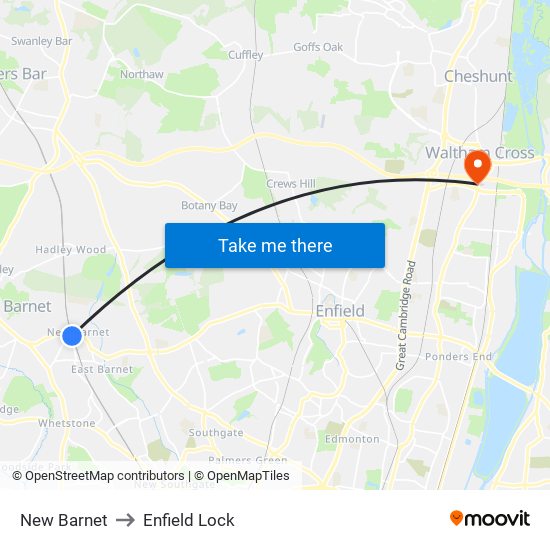 New Barnet to Enfield Lock map