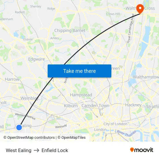 West Ealing to Enfield Lock map