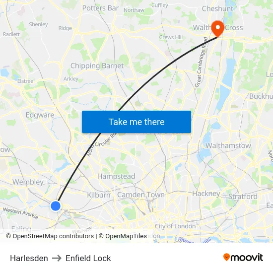 Harlesden to Enfield Lock map