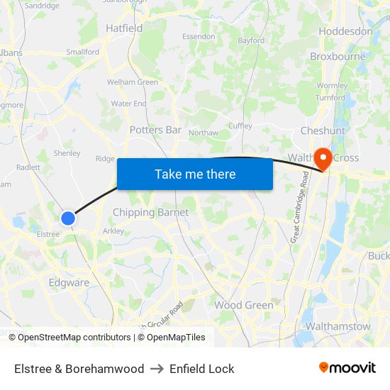 Elstree & Borehamwood to Enfield Lock map