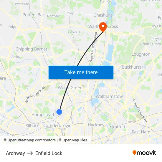 Archway to Enfield Lock map