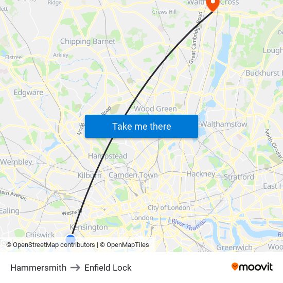 Hammersmith to Enfield Lock map