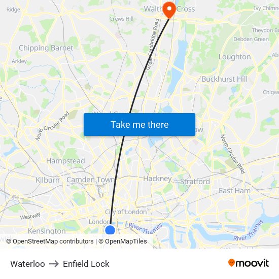 Waterloo to Enfield Lock map