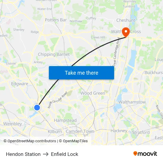 Hendon Station to Enfield Lock map