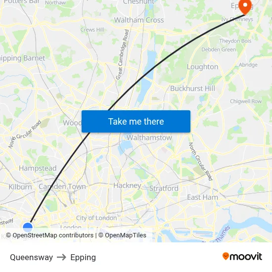 Queensway to Epping map