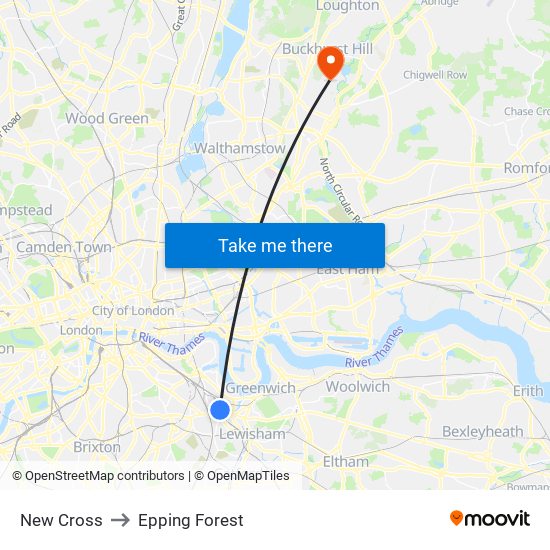 New Cross to Epping Forest map