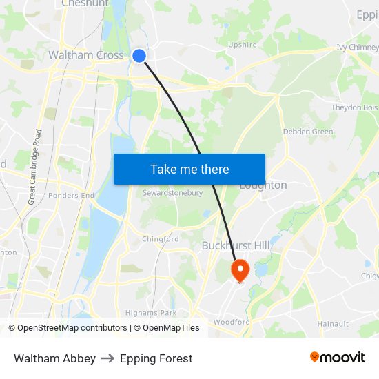 Waltham Abbey to Epping Forest map