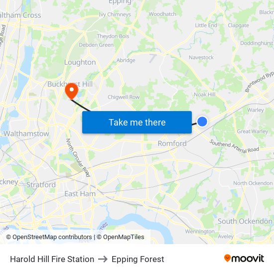 Harold Hill Fire Station to Epping Forest map