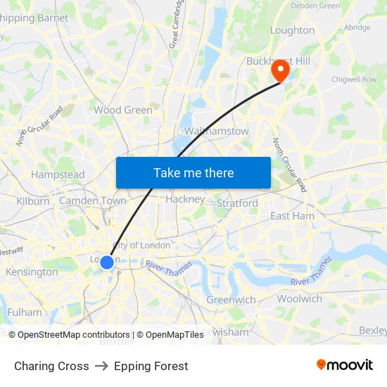 Charing Cross to Epping Forest map