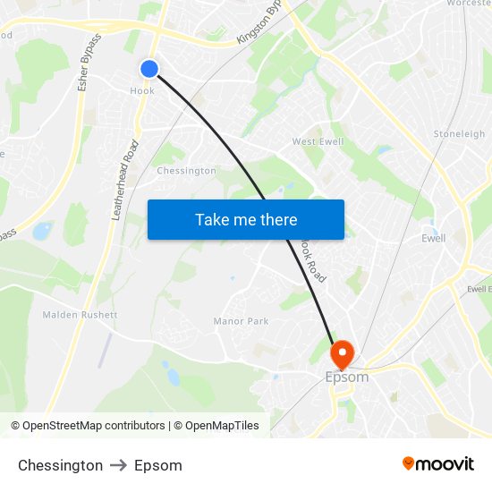 Chessington to Epsom map