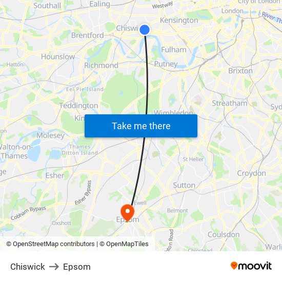 Chiswick to Epsom map