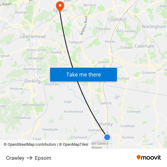 Crawley to Epsom map