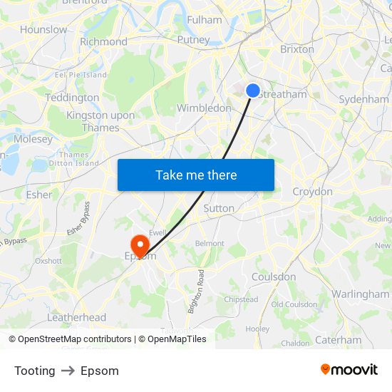 Tooting to Epsom map