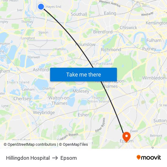 Hillingdon Hospital to Epsom map
