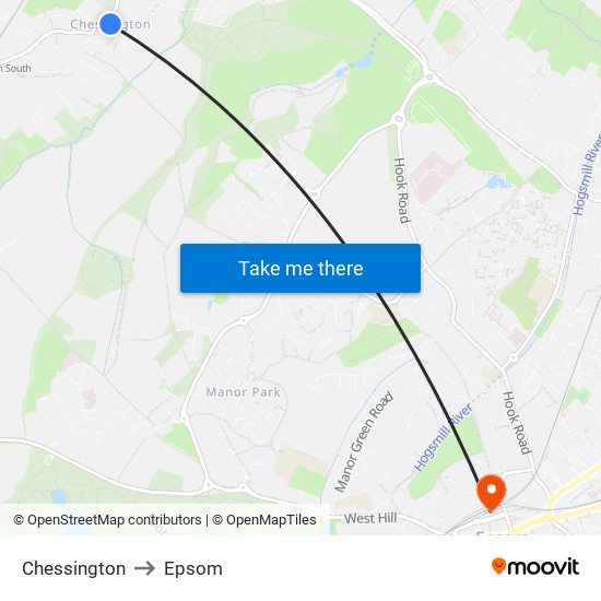 Chessington to Epsom map