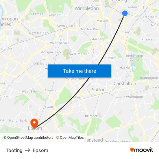 Tooting to Epsom map