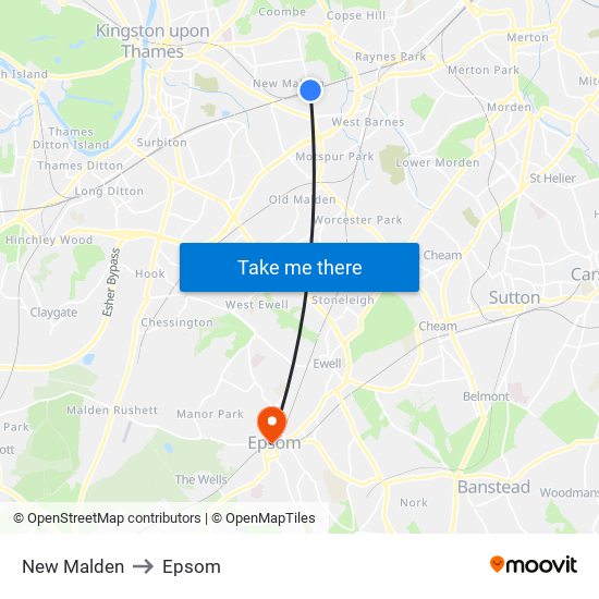 New Malden to Epsom map