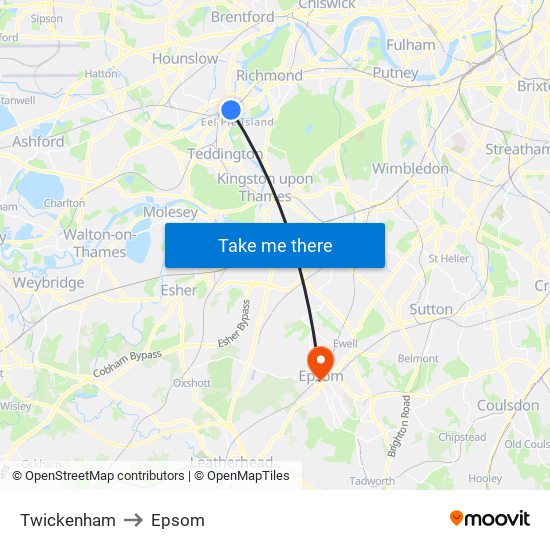 Twickenham to Epsom map