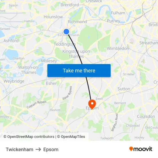 Twickenham to Epsom map