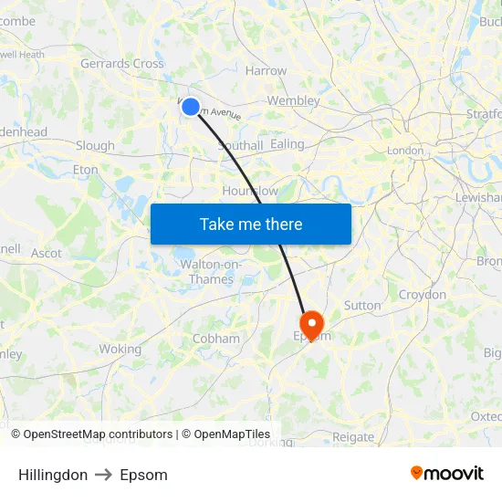 Hillingdon to Epsom map