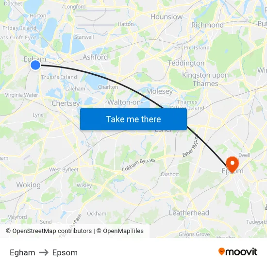 Egham to Epsom map