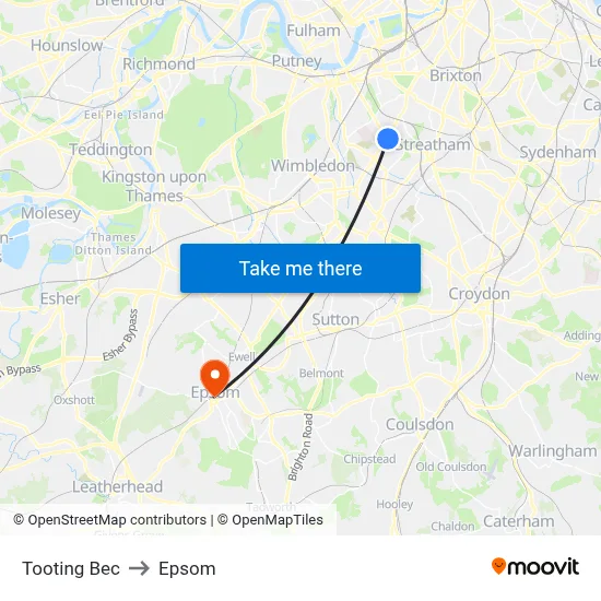 Tooting Bec to Epsom map