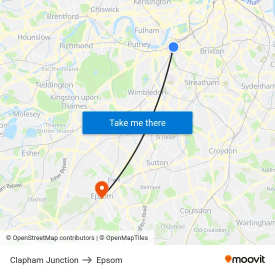 Clapham Junction to Epsom map