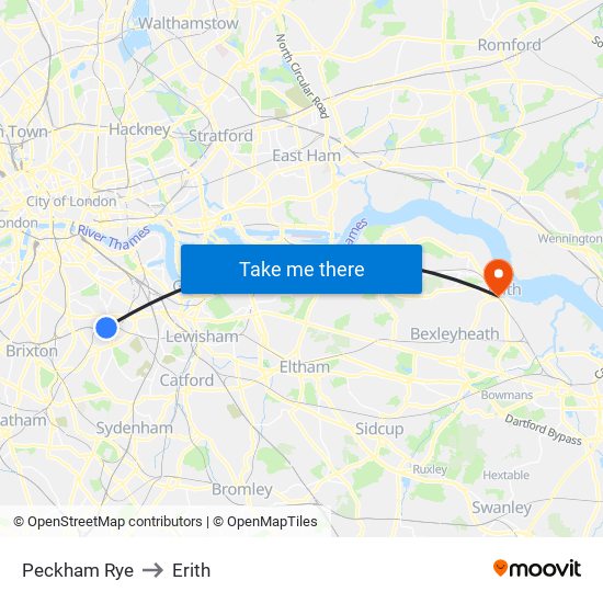 Peckham Rye to Erith map