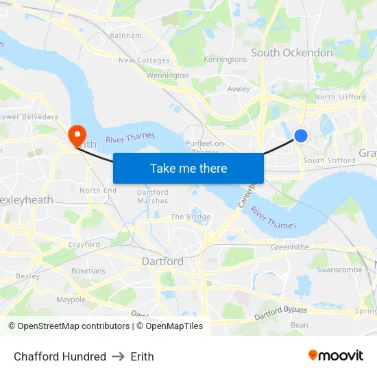 Chafford Hundred to Erith map