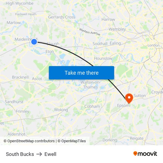 South Bucks to Ewell map