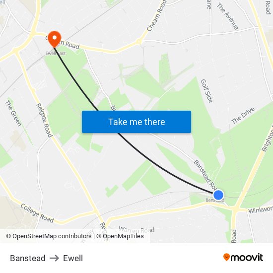 Banstead to Ewell map