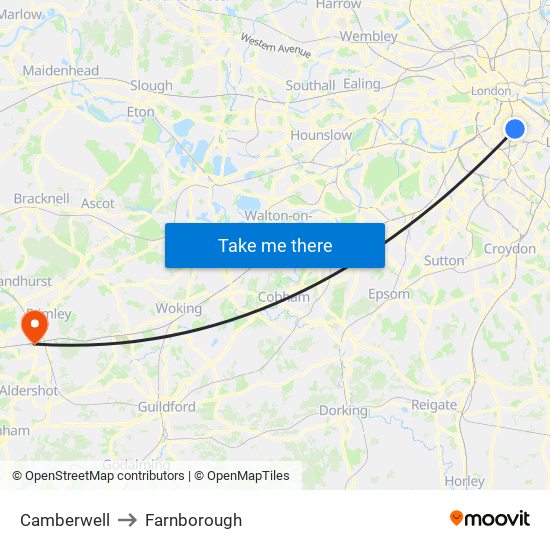 Camberwell to Farnborough map
