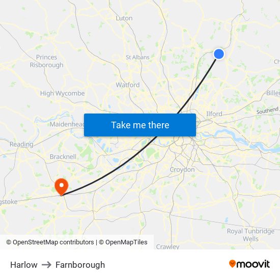 Harlow to Farnborough map