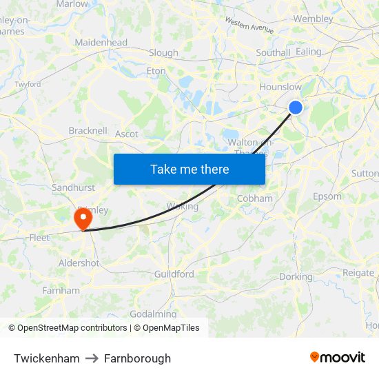 Twickenham to Farnborough map