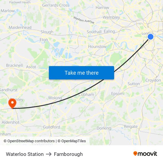 Waterloo Station to Farnborough map