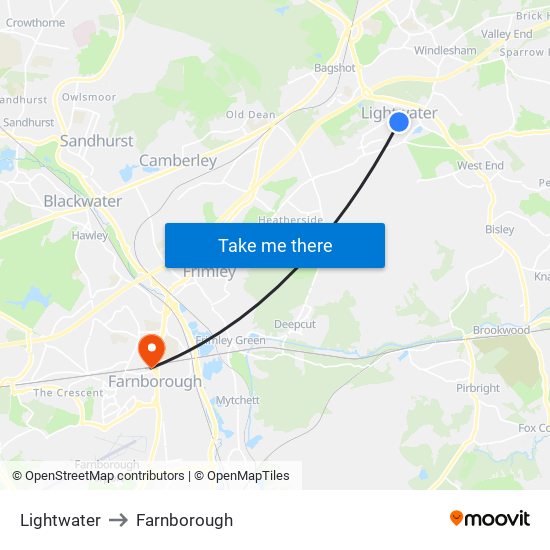 Lightwater to Farnborough map