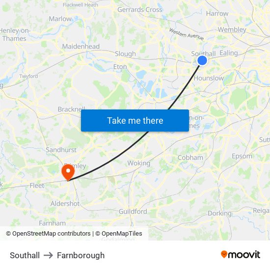 Southall to Farnborough map