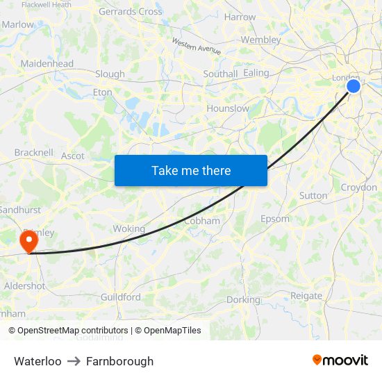 Waterloo to Farnborough map