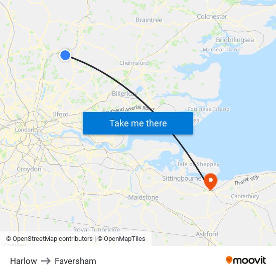 Harlow to Faversham map