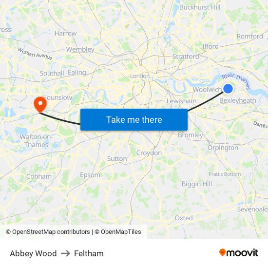 Abbey Wood to Feltham map