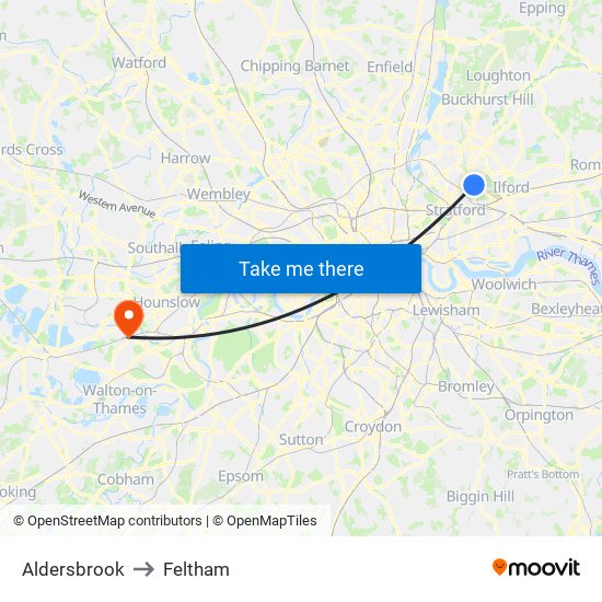 Aldersbrook to Feltham map