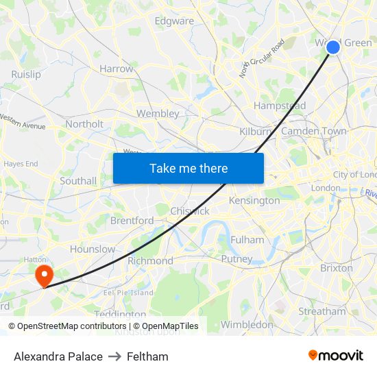 Alexandra Palace to Feltham map