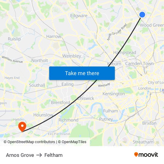 Arnos Grove to Feltham map