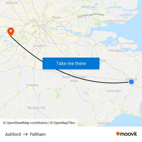 Ashford to Feltham map