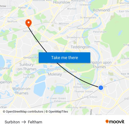 Surbiton to Feltham map