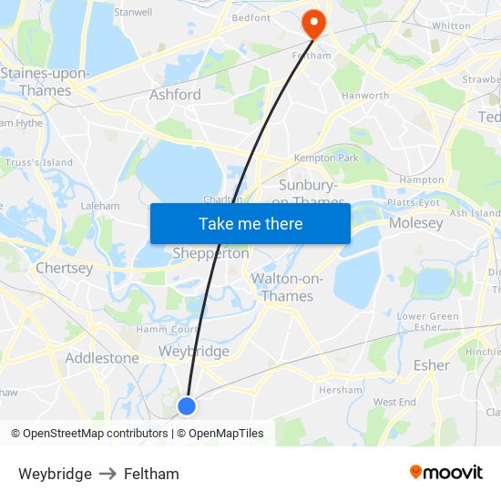 Weybridge to Feltham map