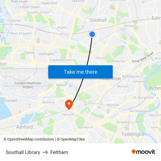 Southall Library to Feltham map