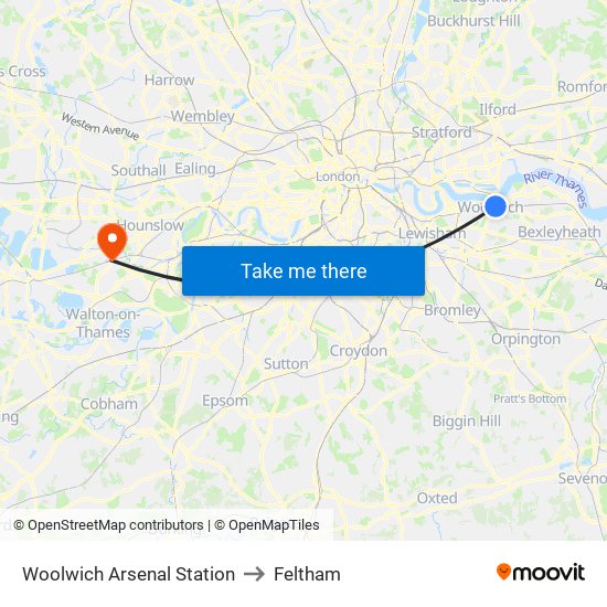 Woolwich Arsenal Station to Feltham map